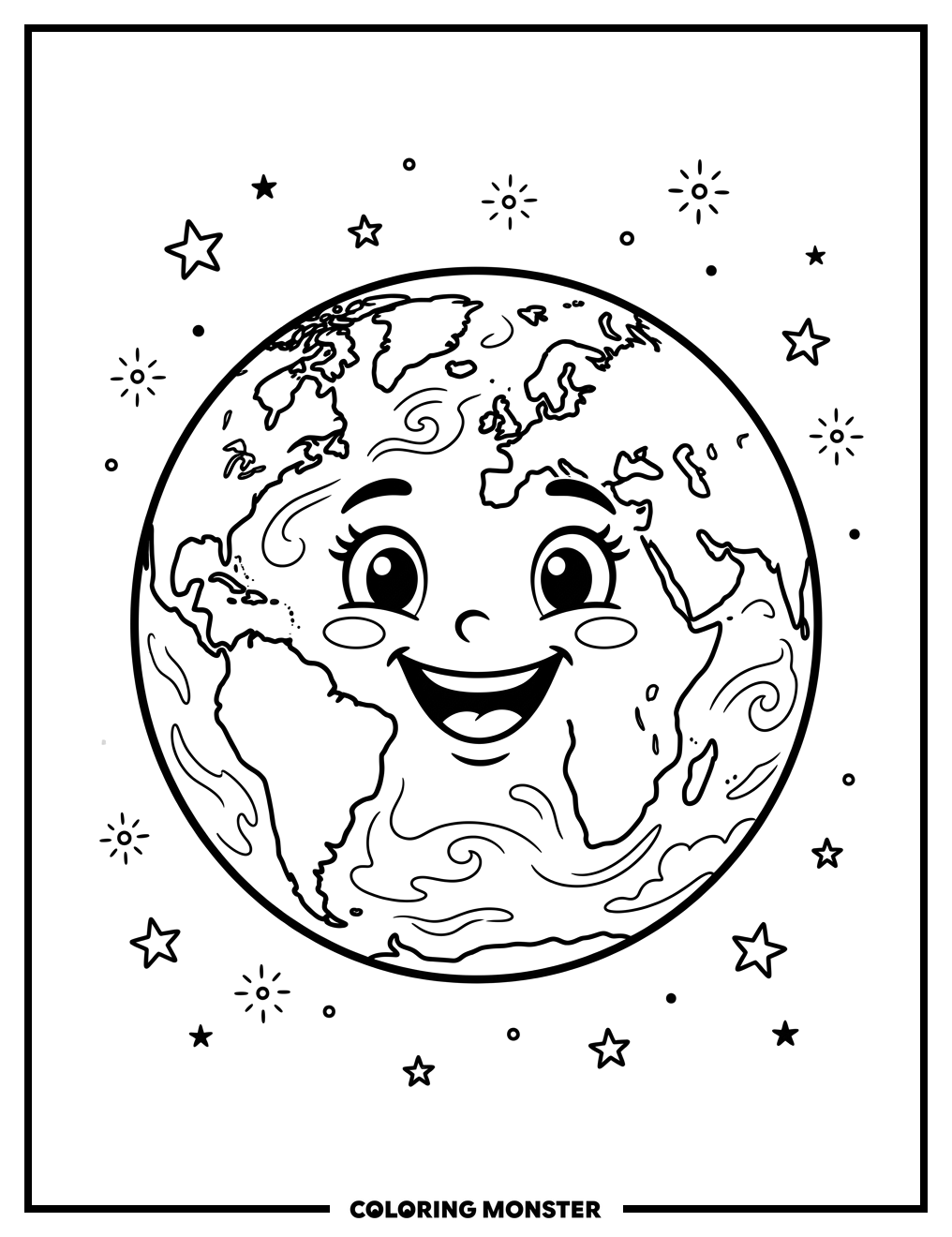 Smiling Earth in Space Coloring Page