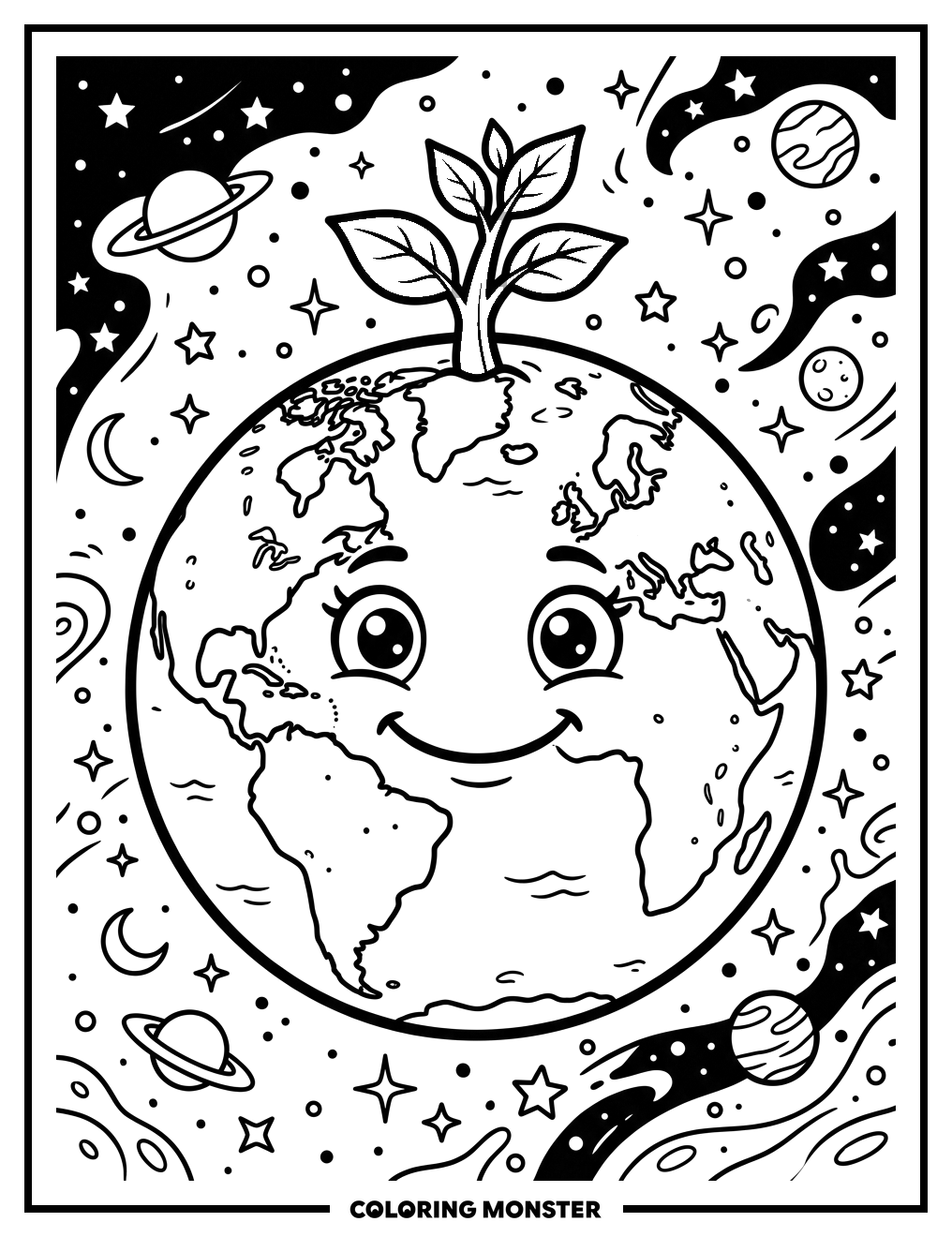 Smiling Earth With Sprout Coloring Page
