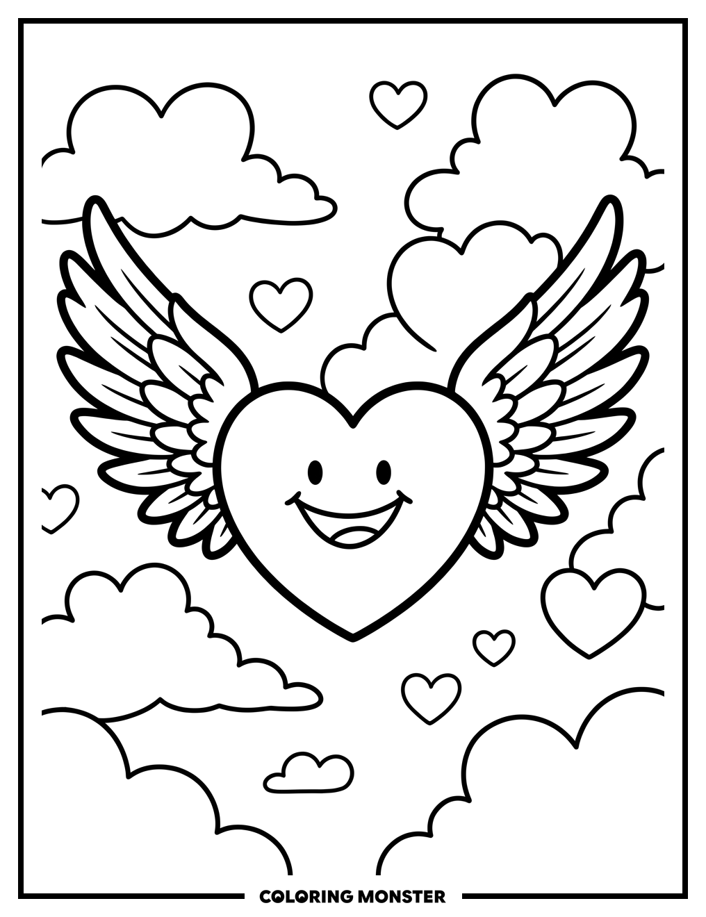 Smiling Heart With Wings Coloring Page