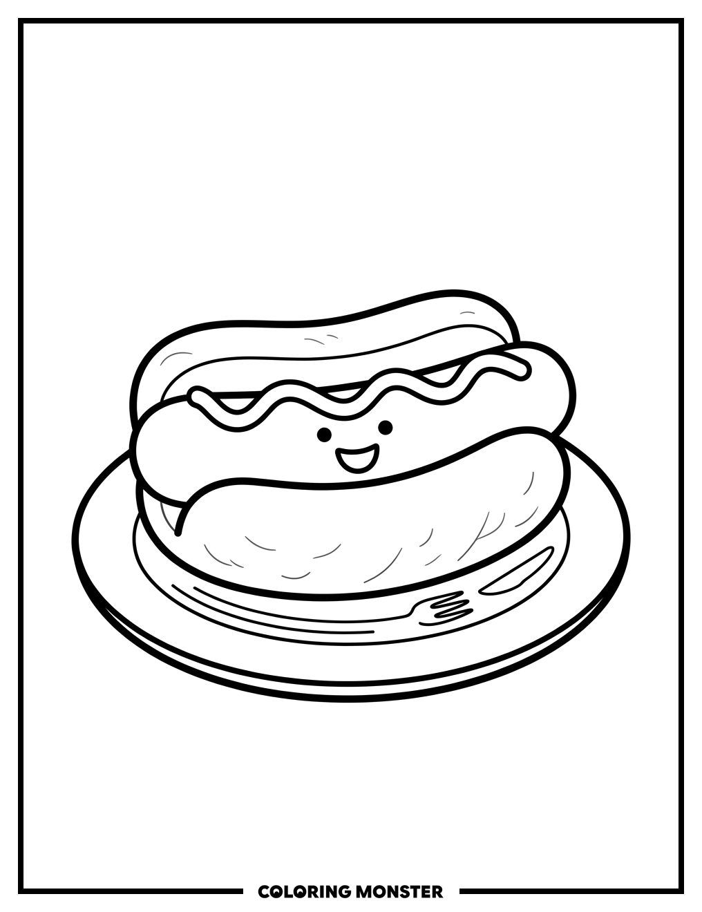 Smiling Hot Dog on a Plate Coloring Page