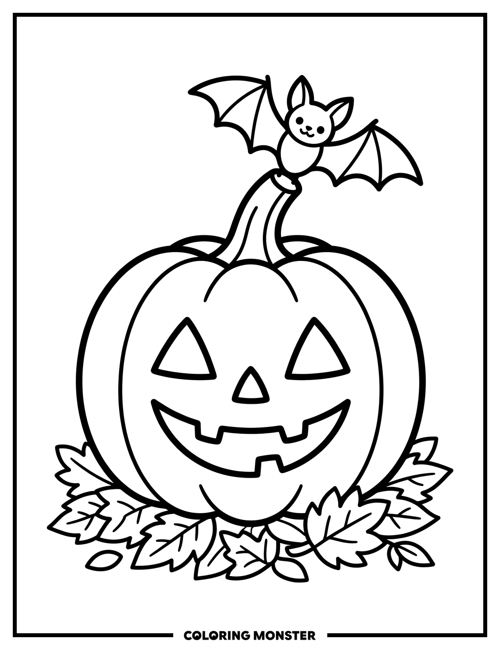 Smiling Jack O' Lantern with Bat Coloring Page