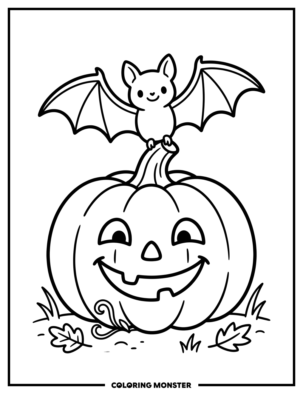 Smiling Jack-o'-Lantern with Bat Friend Coloring Page