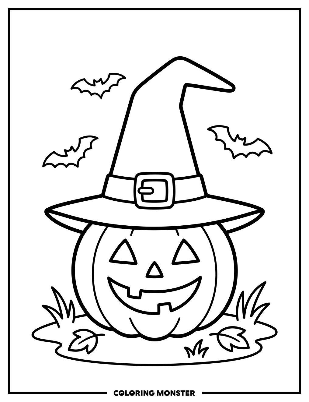 Smiling Jack-o'-Lantern With Witch Hat Coloring Page