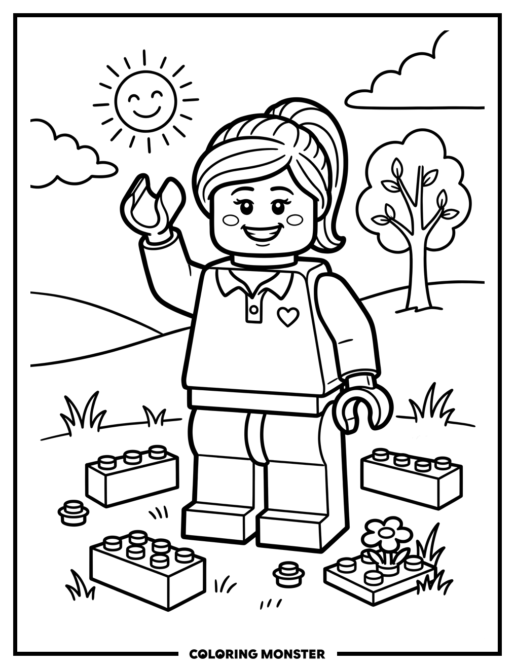 Smiling Lego Girl Waving Coloring Page