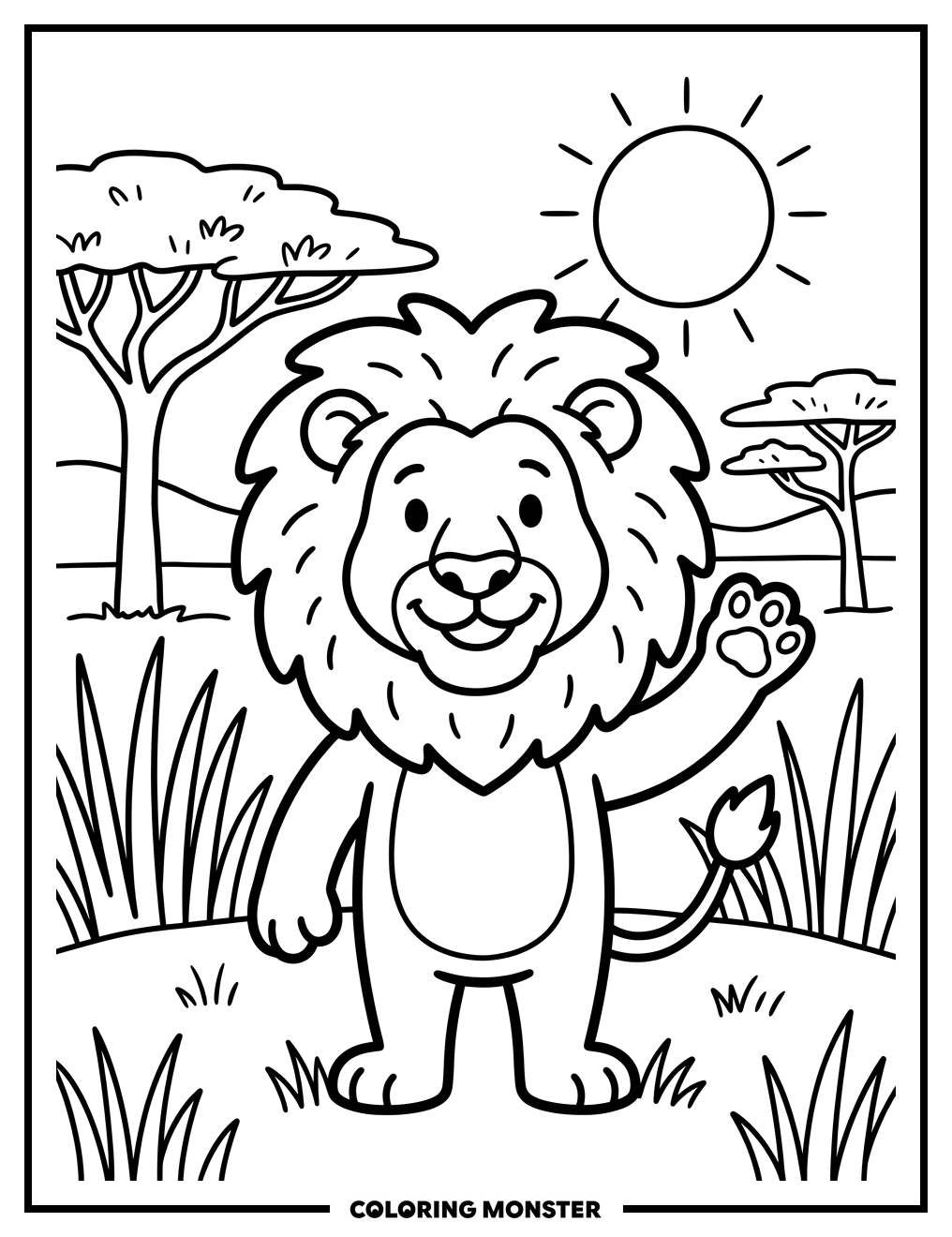 Smiling Lion Waving Hello Coloring Page