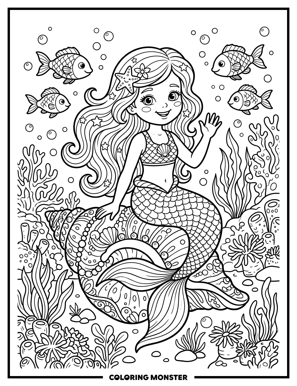 Smiling Mermaid on Seashell Coloring Page