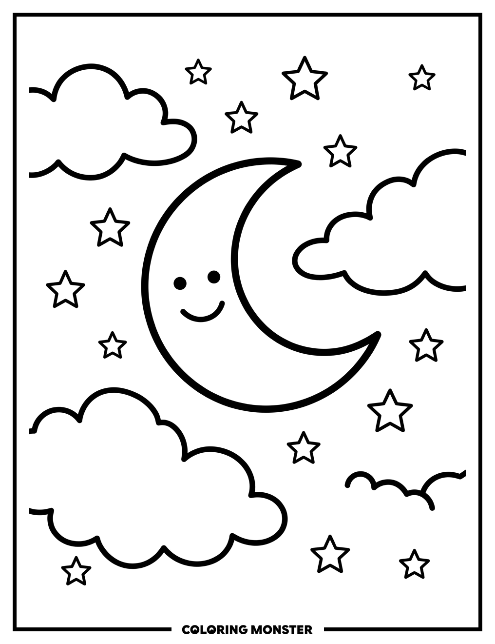 Smiling Moon and Stars Coloring Page
