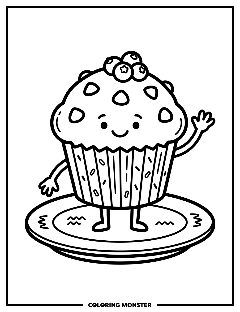 Smiling Muffin on a Plate Coloring Page