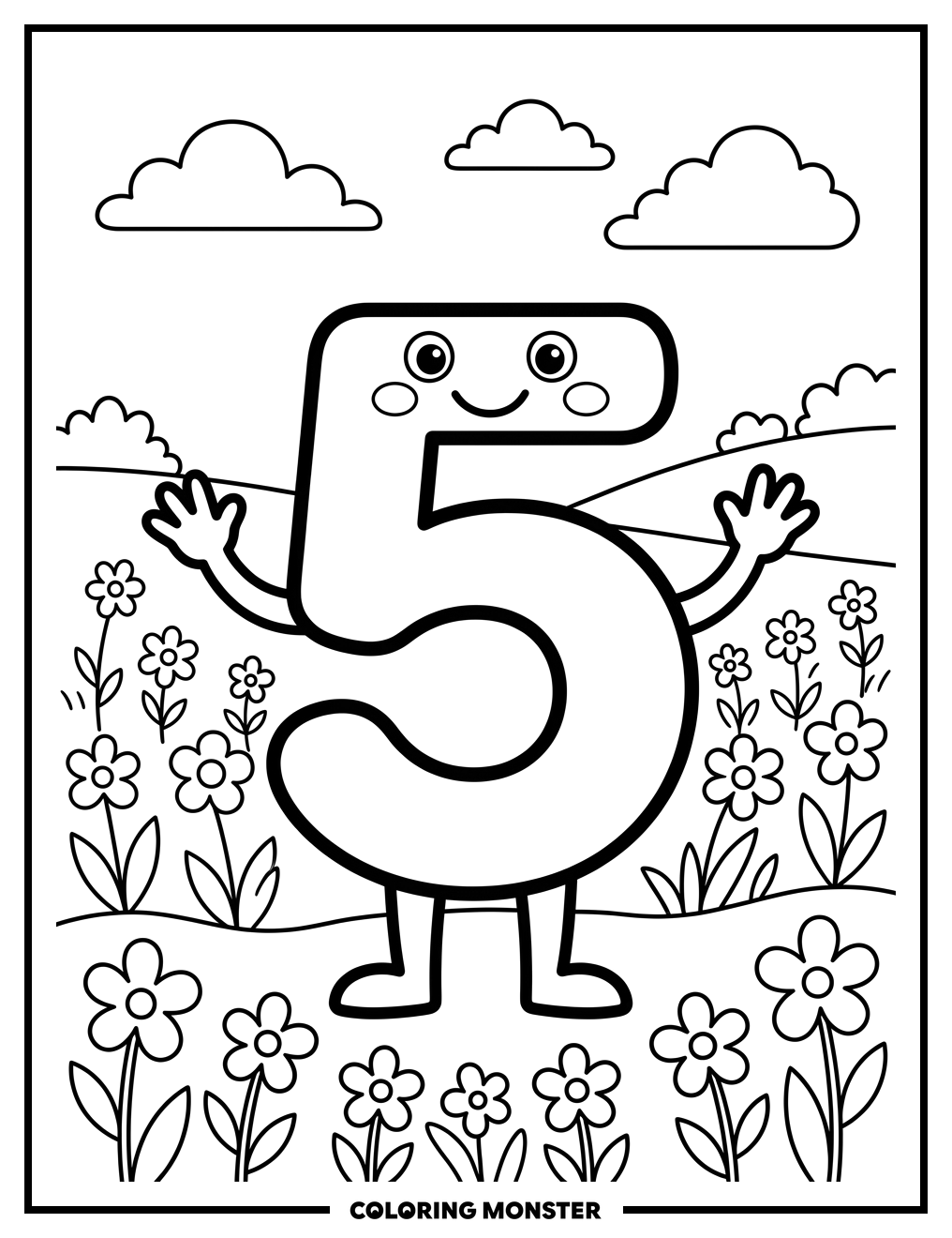 Smiling Number 5 Among Flowers Coloring Page