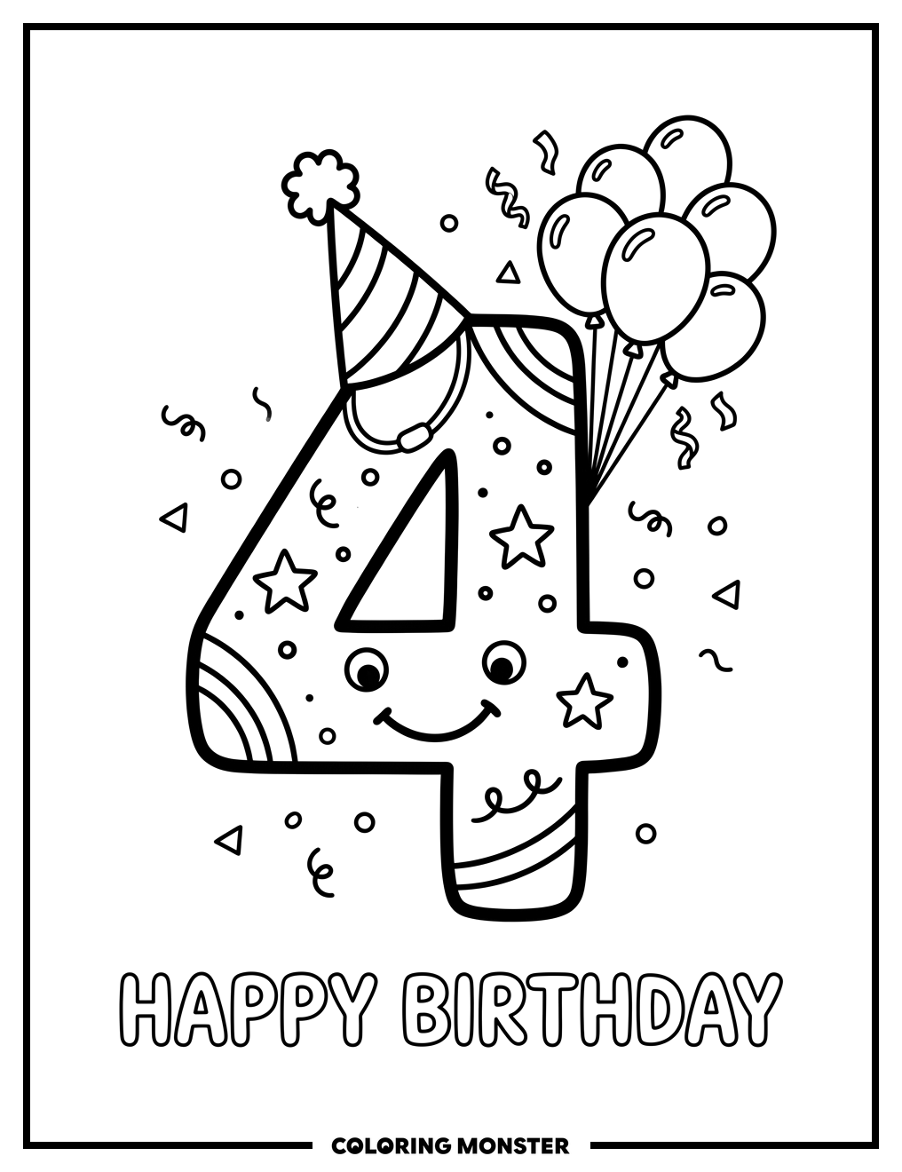 Smiling Number Four Birthday Coloring Page