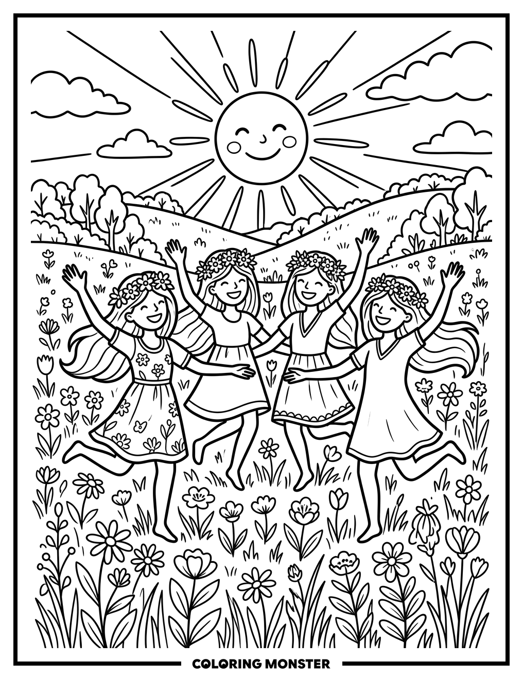 Smiling People Dancing in Flower Field Coloring Page