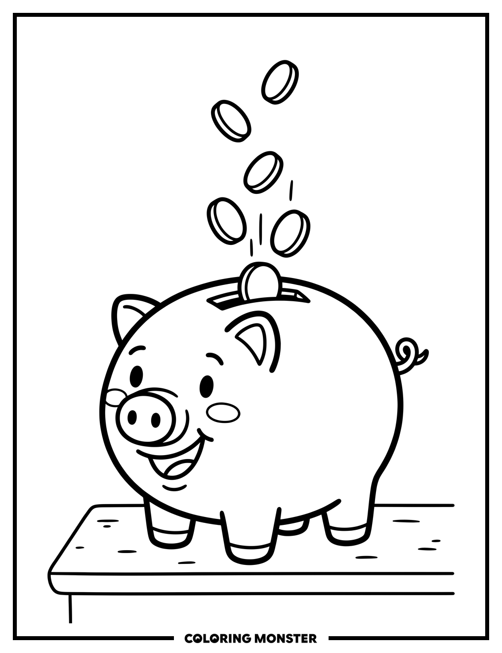 Smiling Piggy Bank with Falling Coins Coloring Page