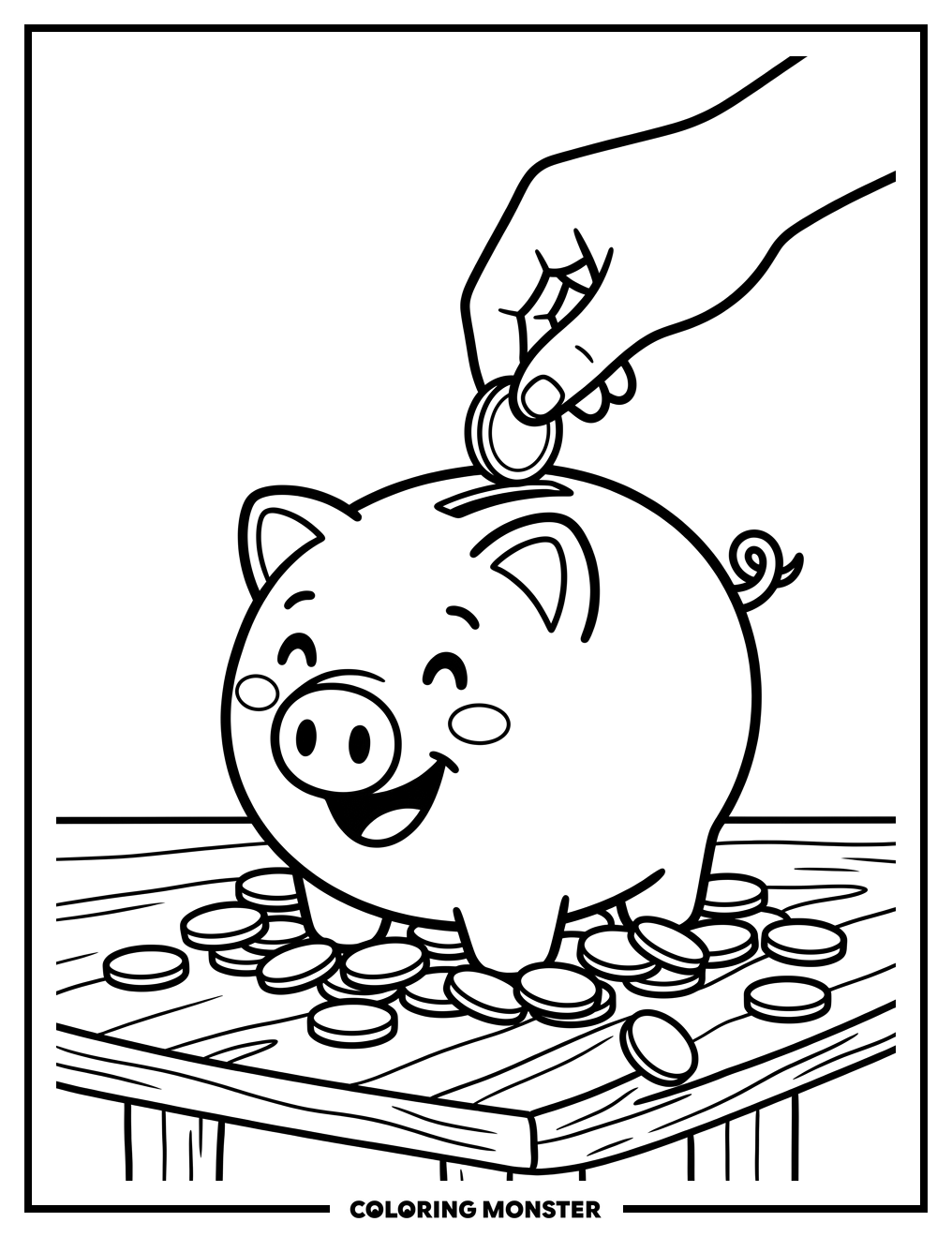 Smiling Piggy Bank With Spilling Coins Coloring Page