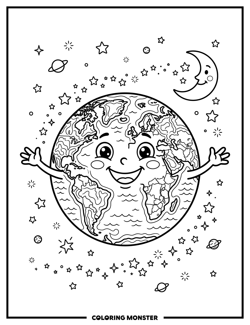Smiling Planet Earth in Space Coloring Page