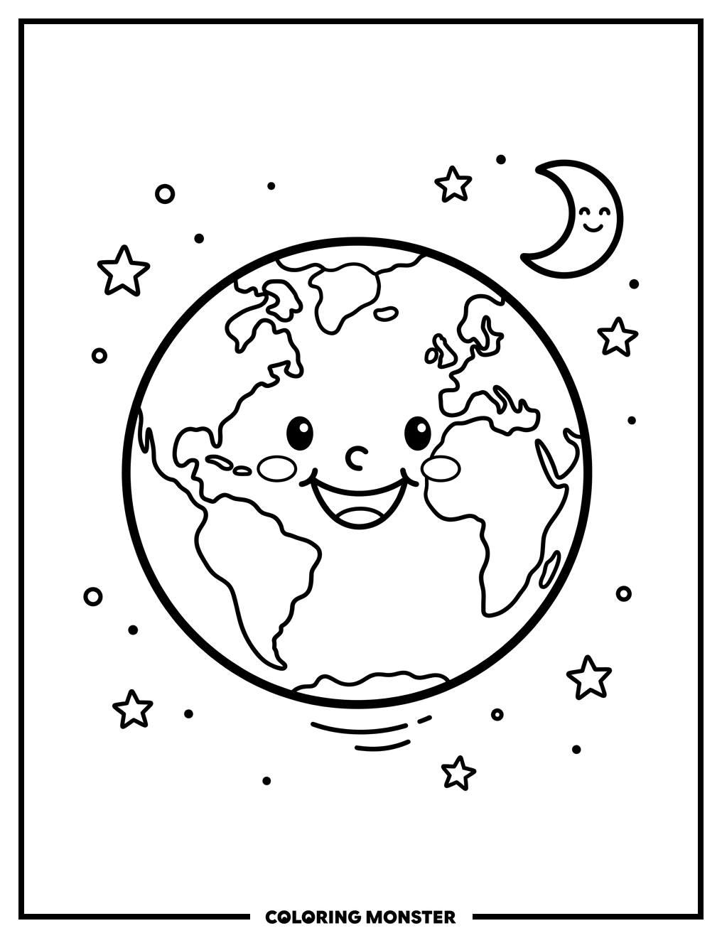 Smiling Planet Earth in Space Coloring Page