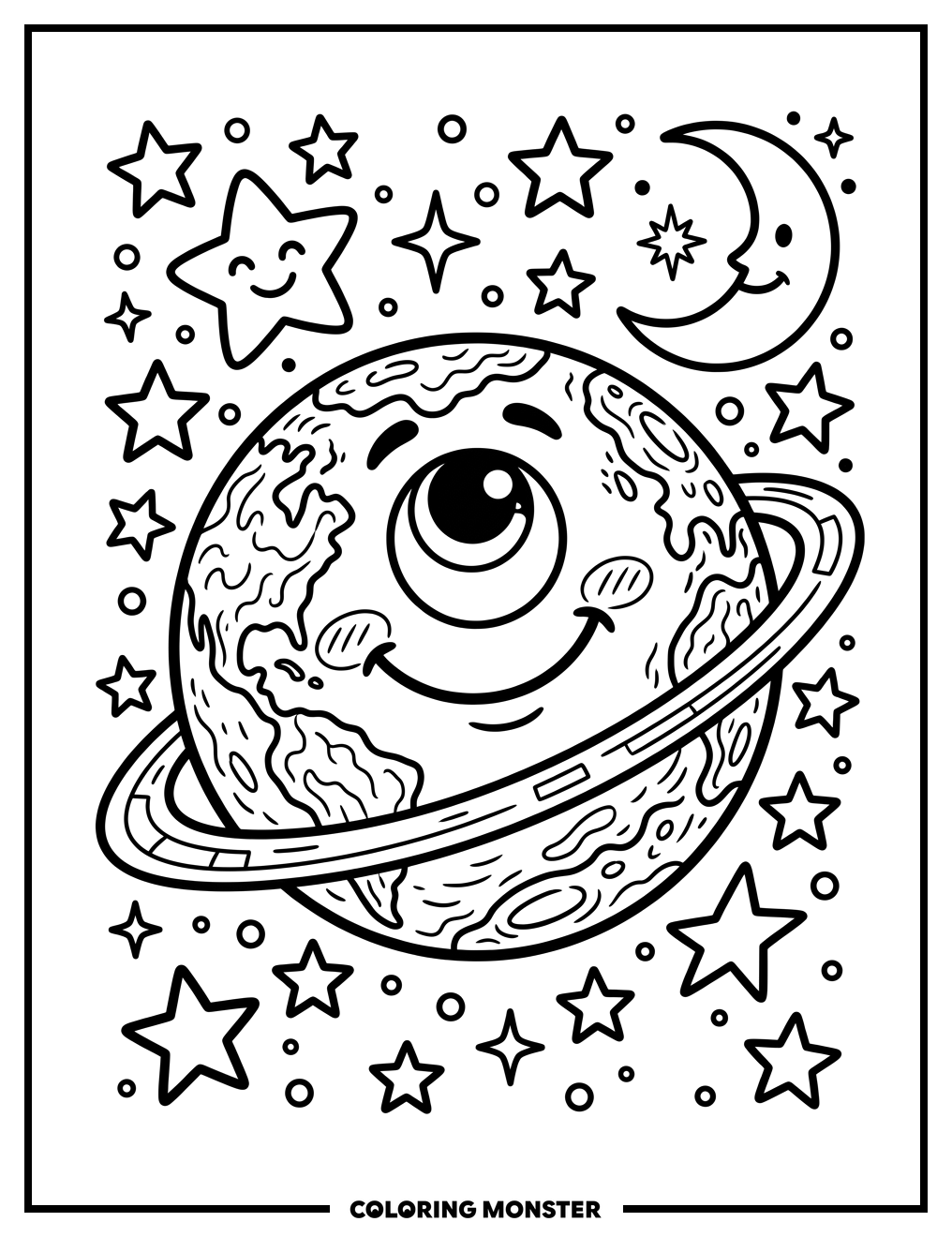 Smiling Planet With Stars Coloring Page