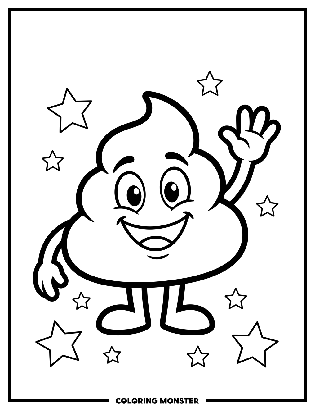 Smiling Poop Character Waving Coloring Page