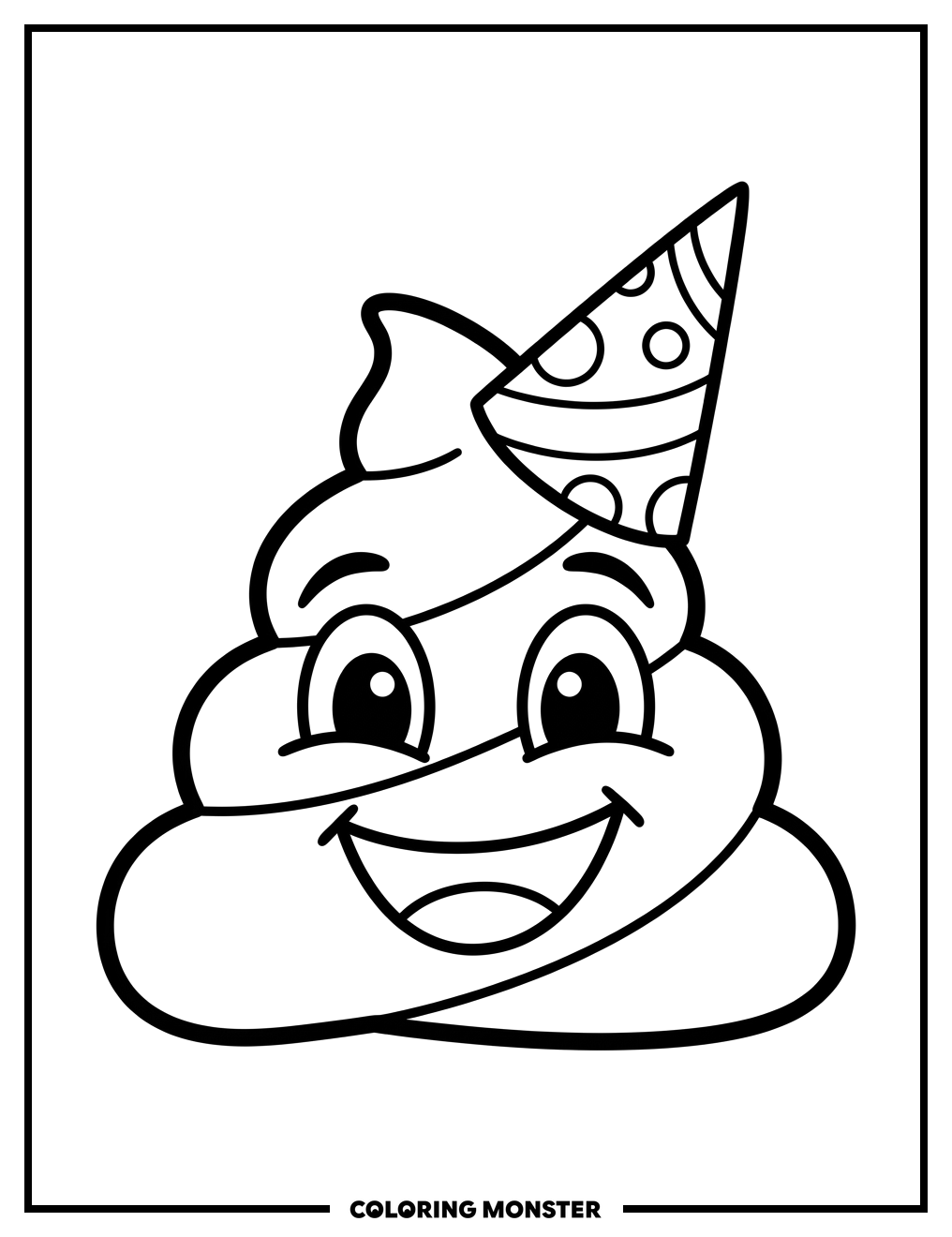 Smiling Poop Emoji with Party Hat Coloring Page