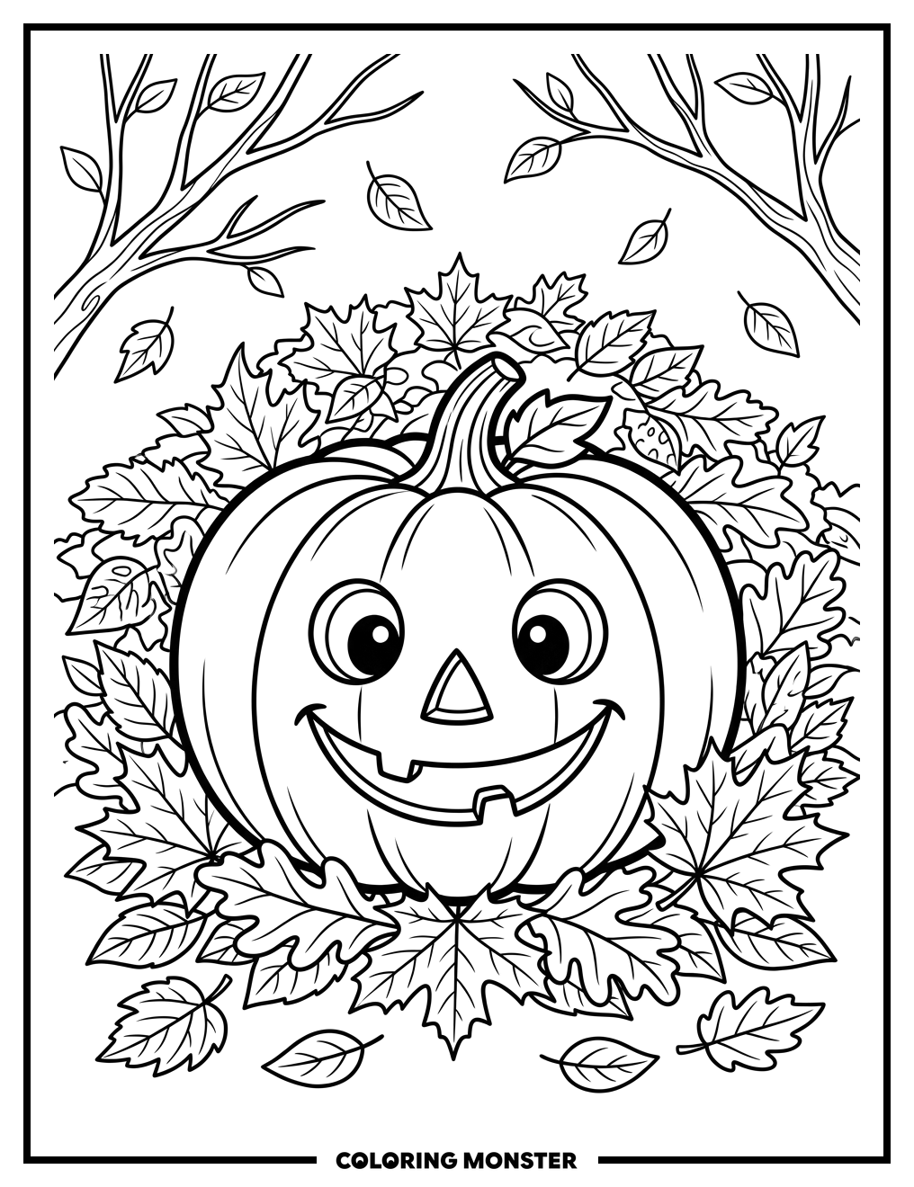 Smiling Pumpkin Amidst Autumn Leaves Coloring Page