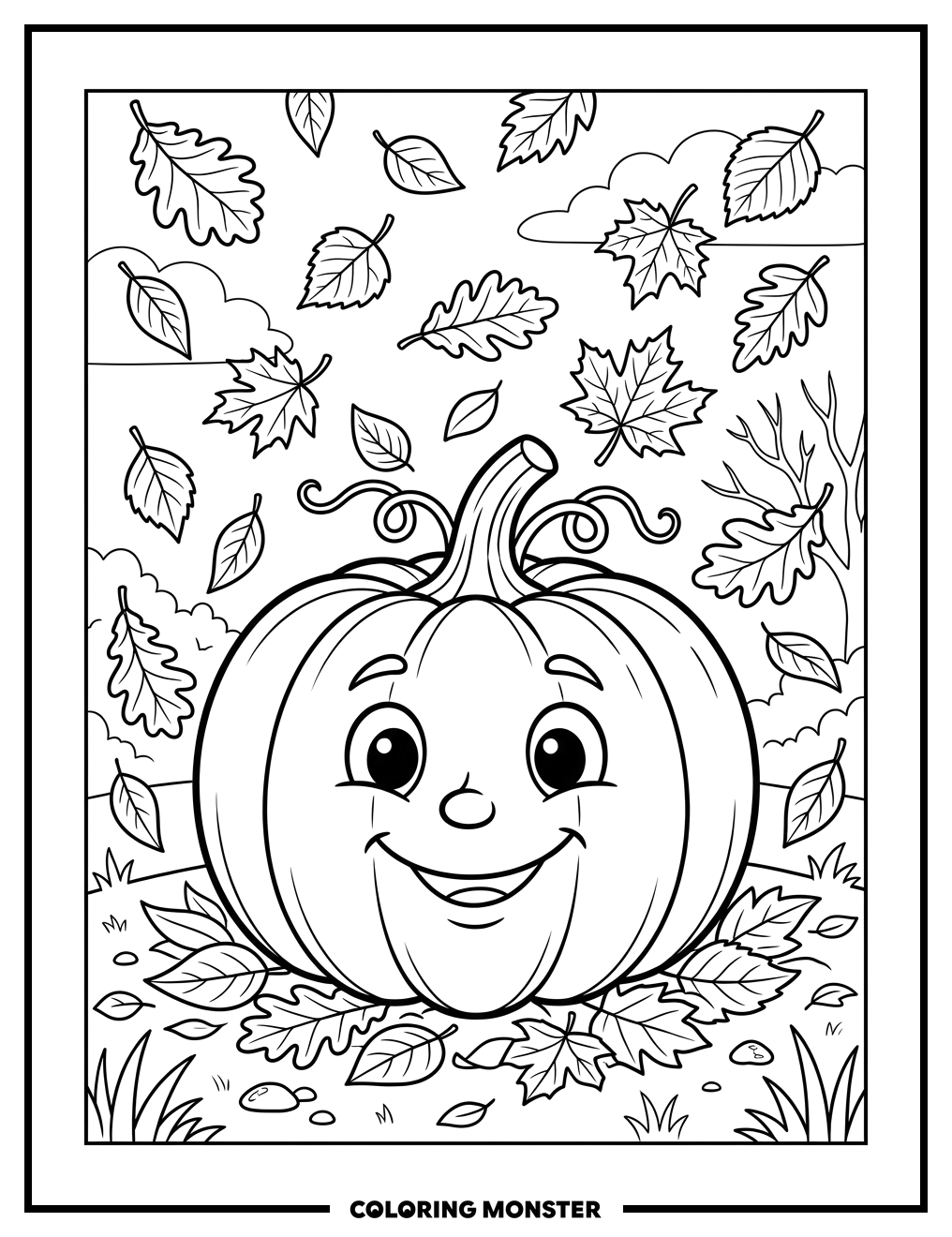 Smiling Pumpkin Amidst Autumn Leaves Coloring Page