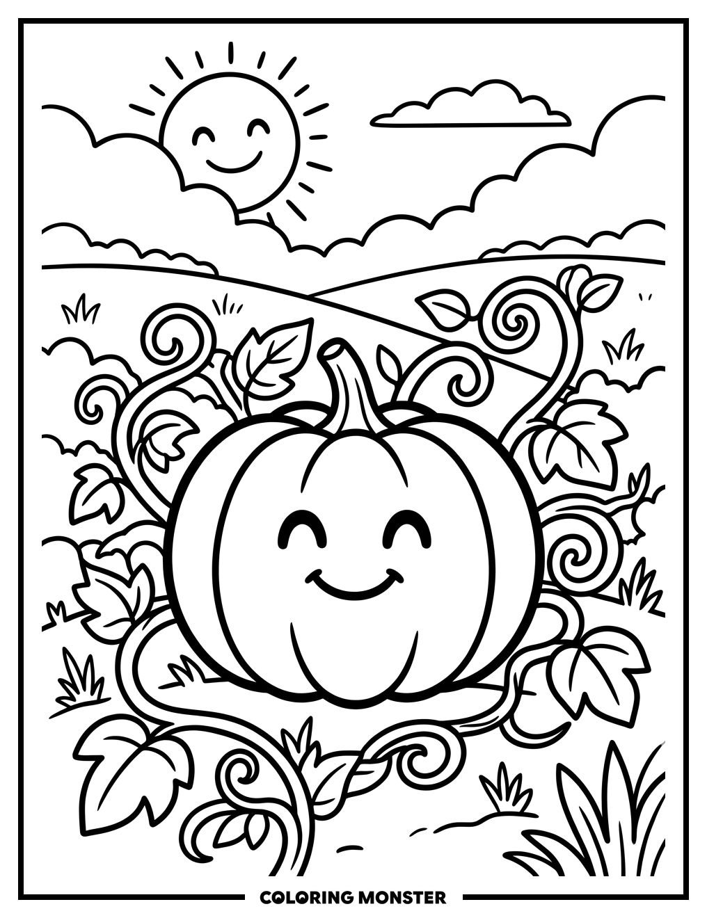Smiling Pumpkin in a Field Coloring Page