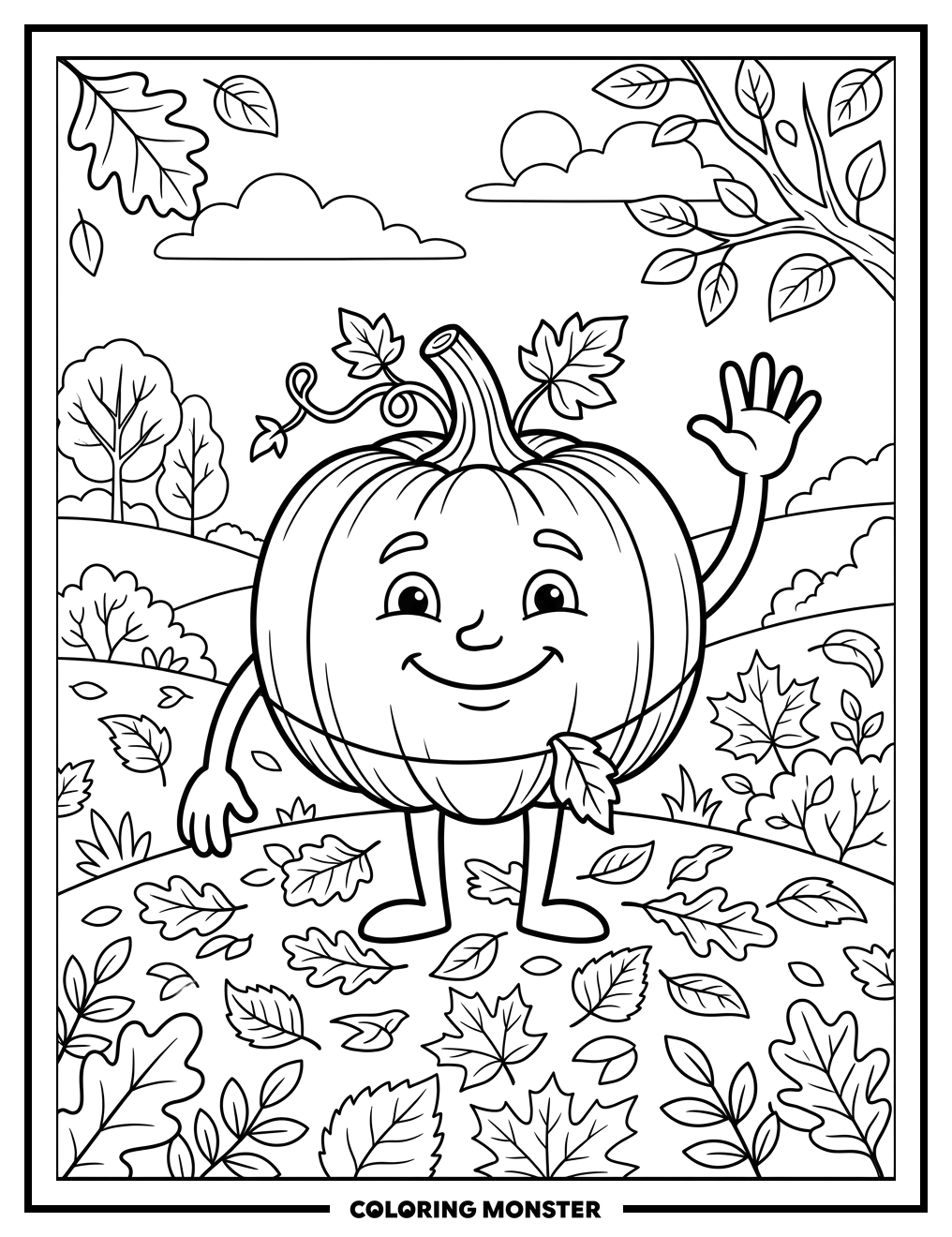 Smiling Pumpkin in Autumn Field Coloring Page