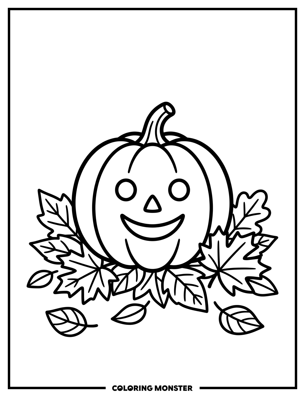 Smiling Pumpkin with Autumn Leaves Coloring Page