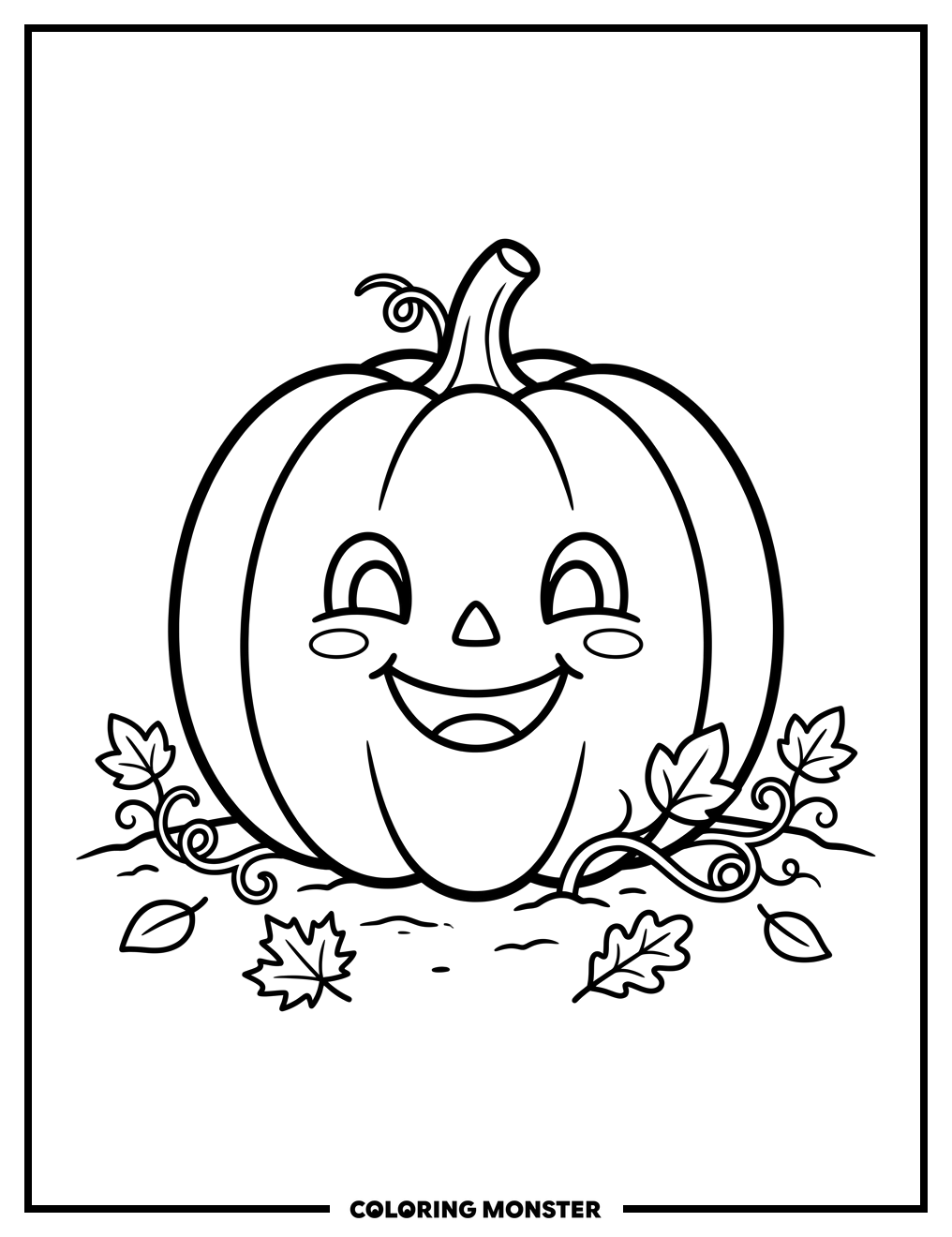 Smiling Pumpkin with Autumn Leaves Coloring Page