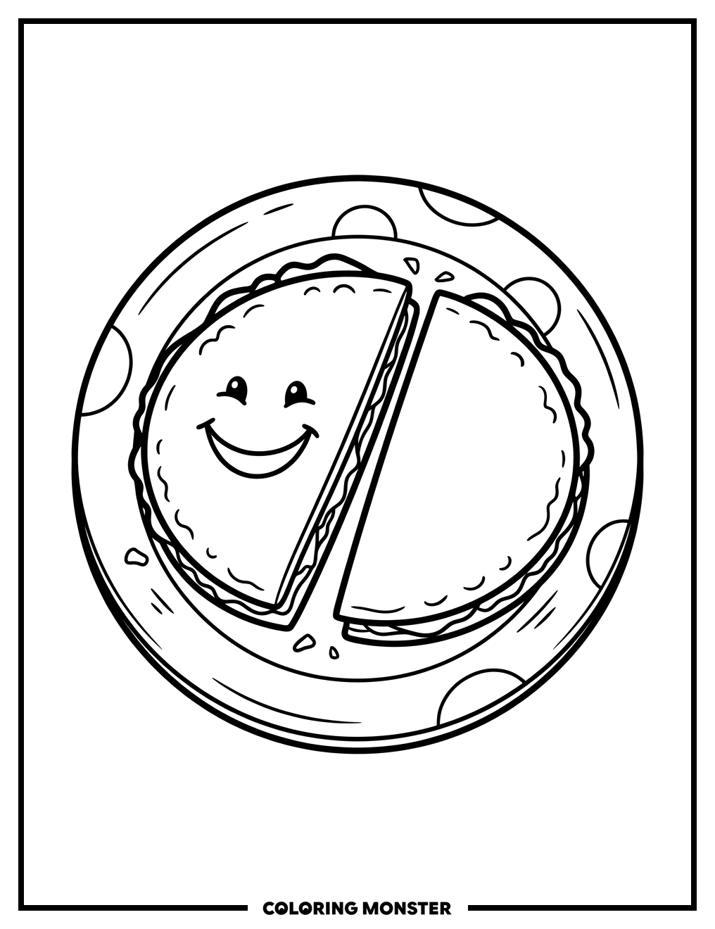 Smiling Quesadilla Halves on Plate Coloring Page