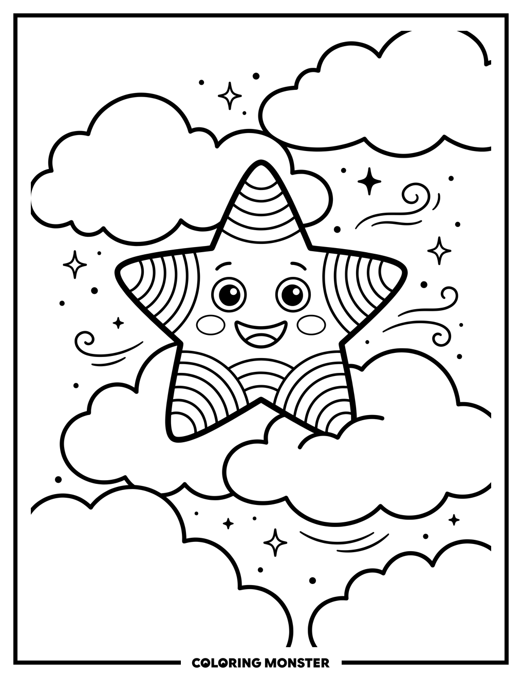 Smiling Rainbow Star in Clouds Coloring Page