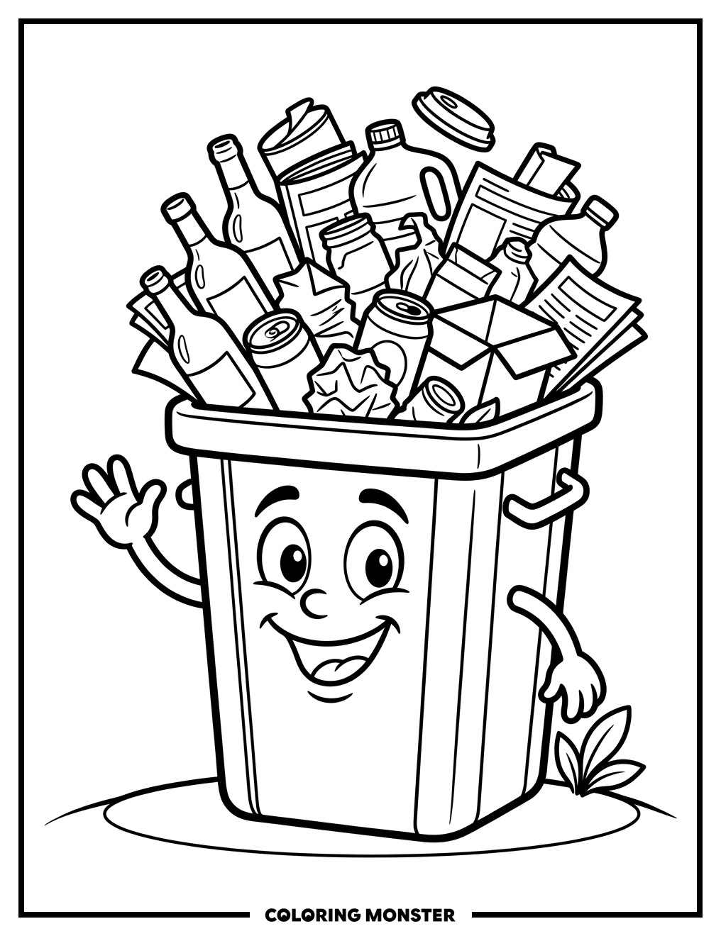 Smiling Recycling Bin with Overflowing Treasures Coloring Page