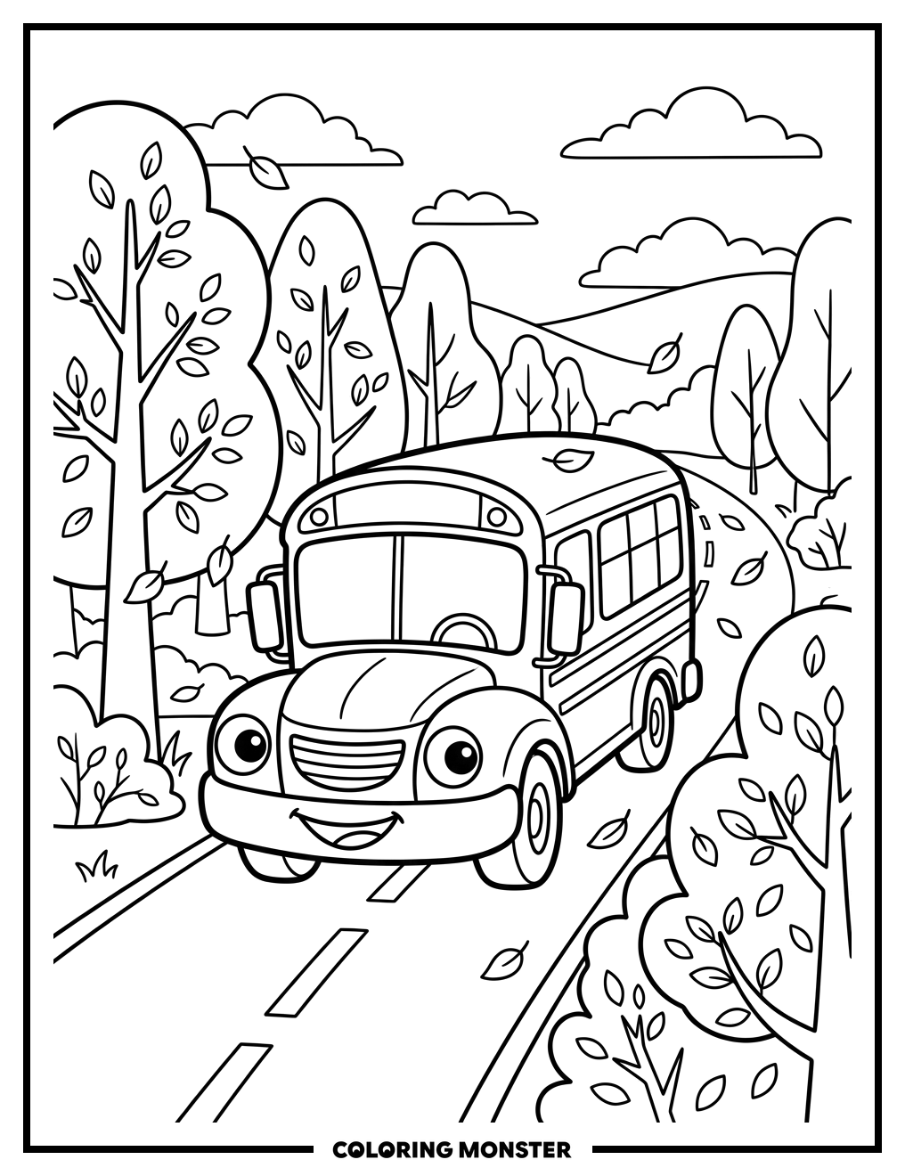 Smiling School Bus in Autumn Coloring Page