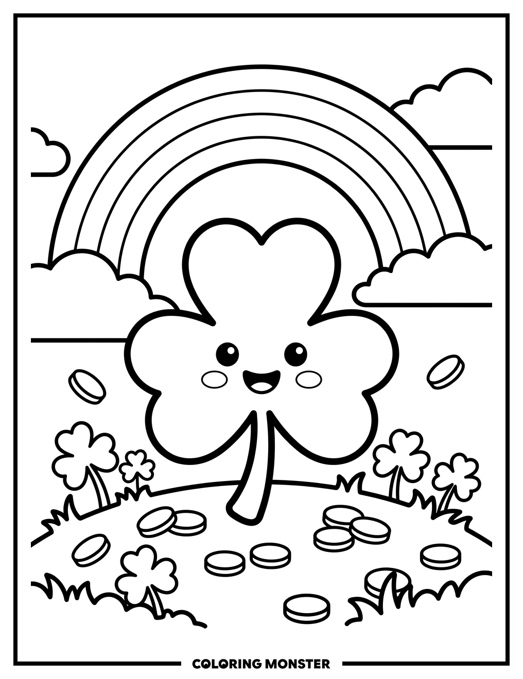 Smiling Shamrock With Rainbow And Gold Coloring Page