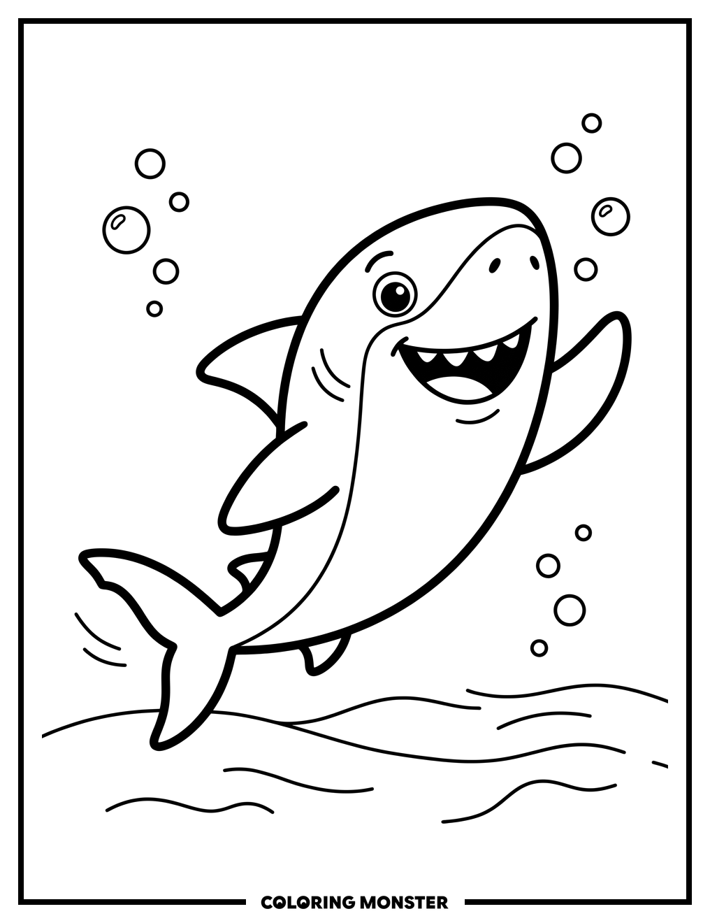 Smiling Shark Swimming in Ocean Coloring Page