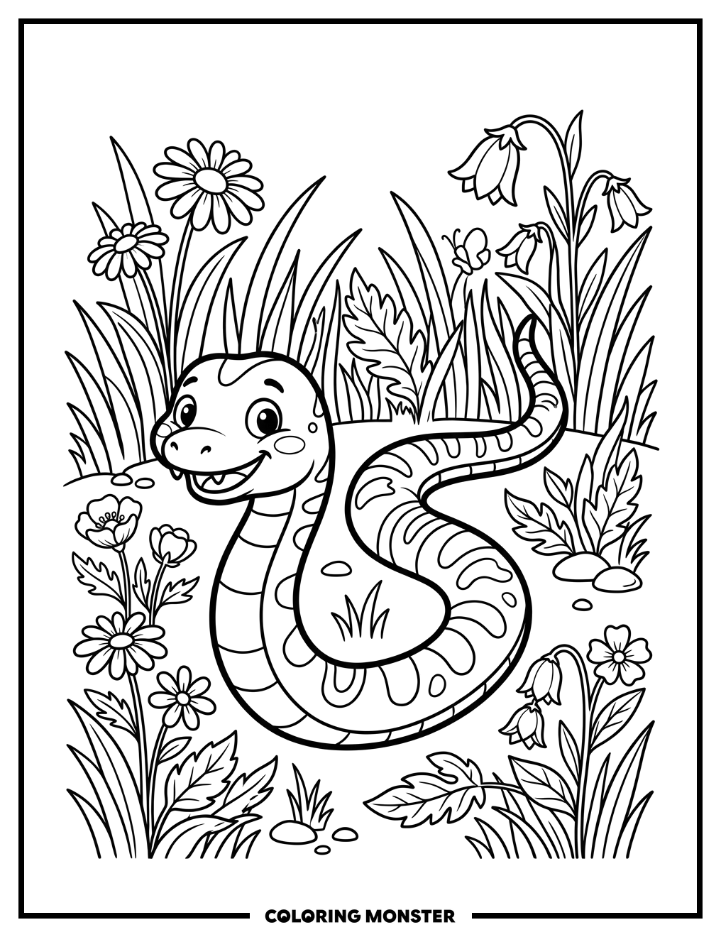 Smiling Snake Among Flowers Coloring Page