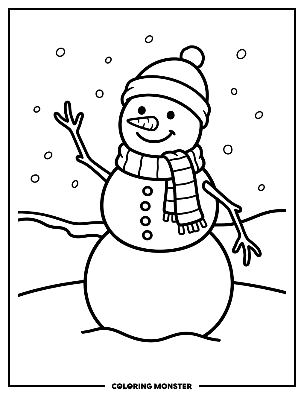 Smiling Snowman in Snowy Field Coloring Page