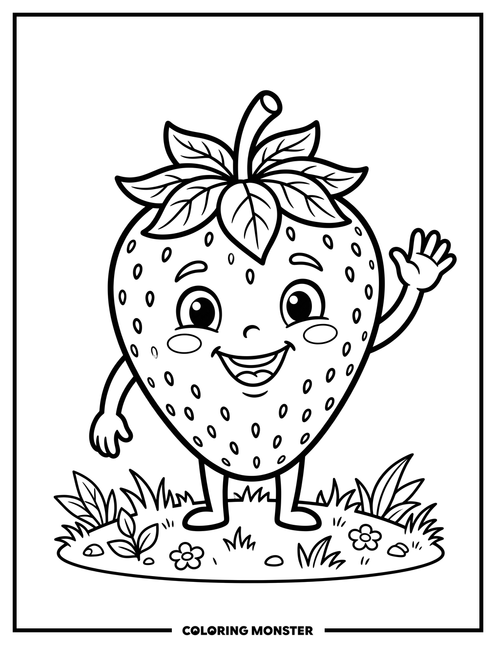 Smiling Strawberry Waving Hello Coloring Page