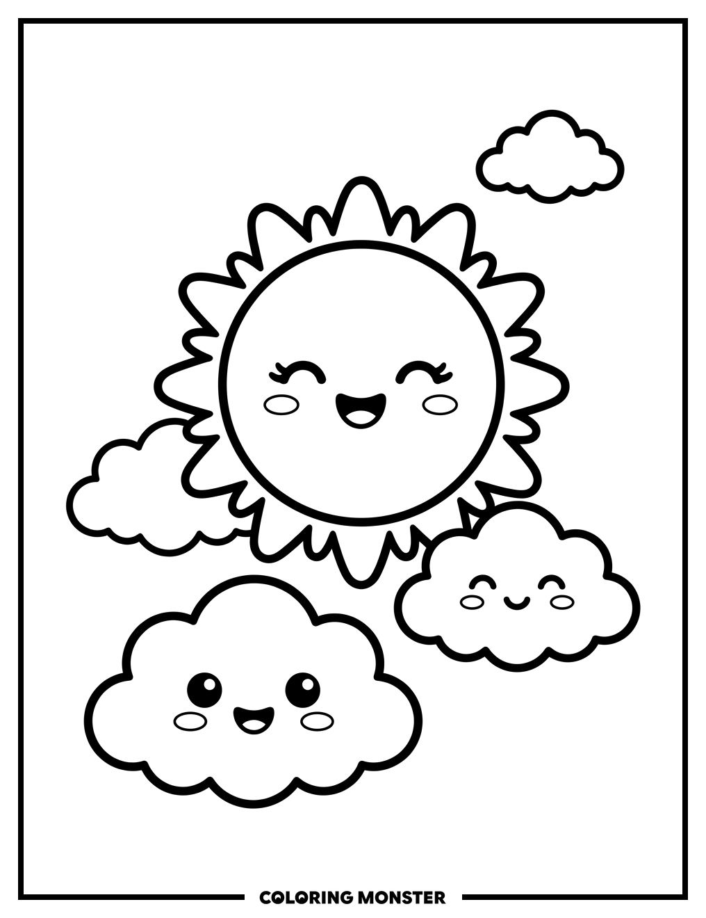 Smiling Sun and Clouds Coloring Page