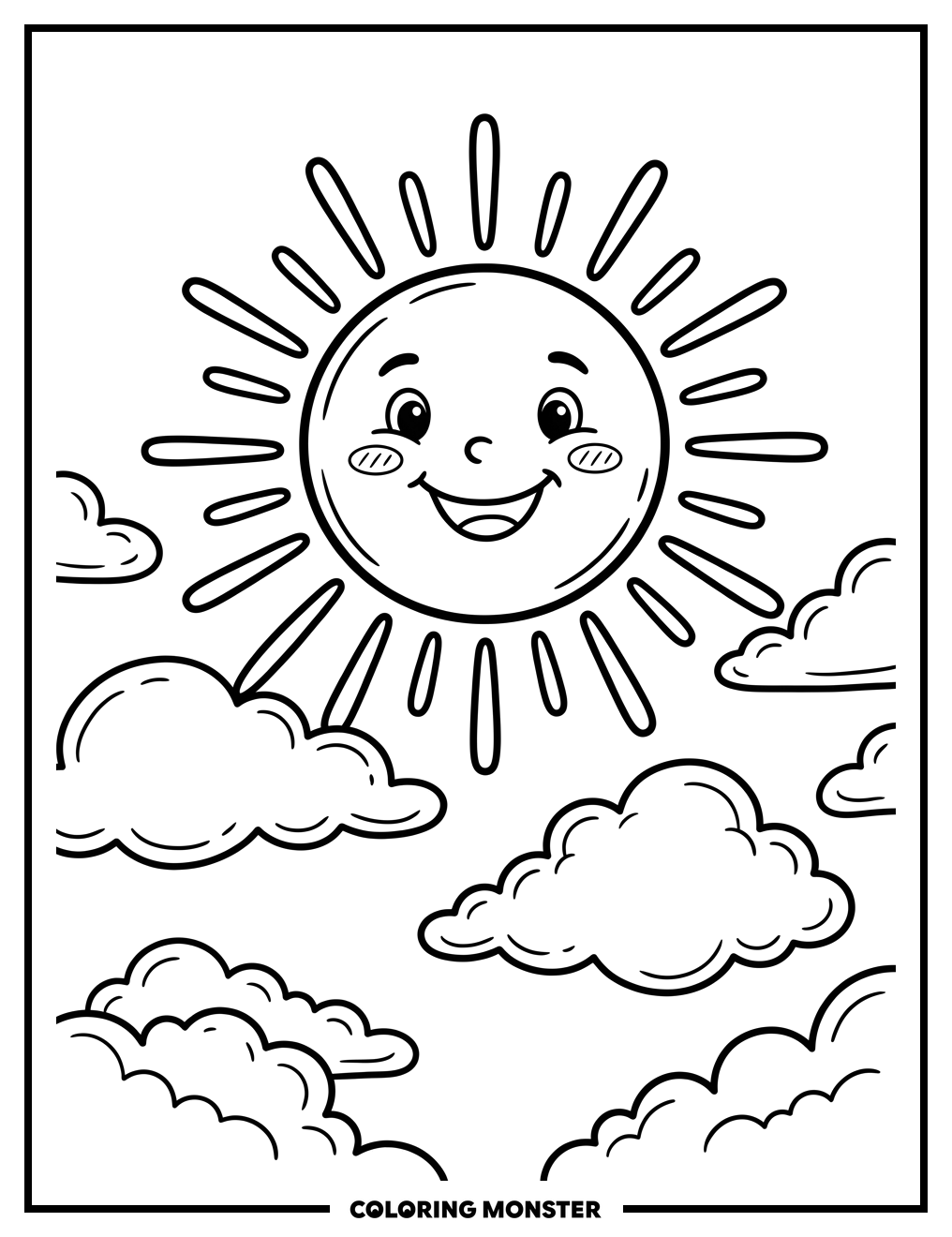 Smiling Sun and Clouds Coloring Page