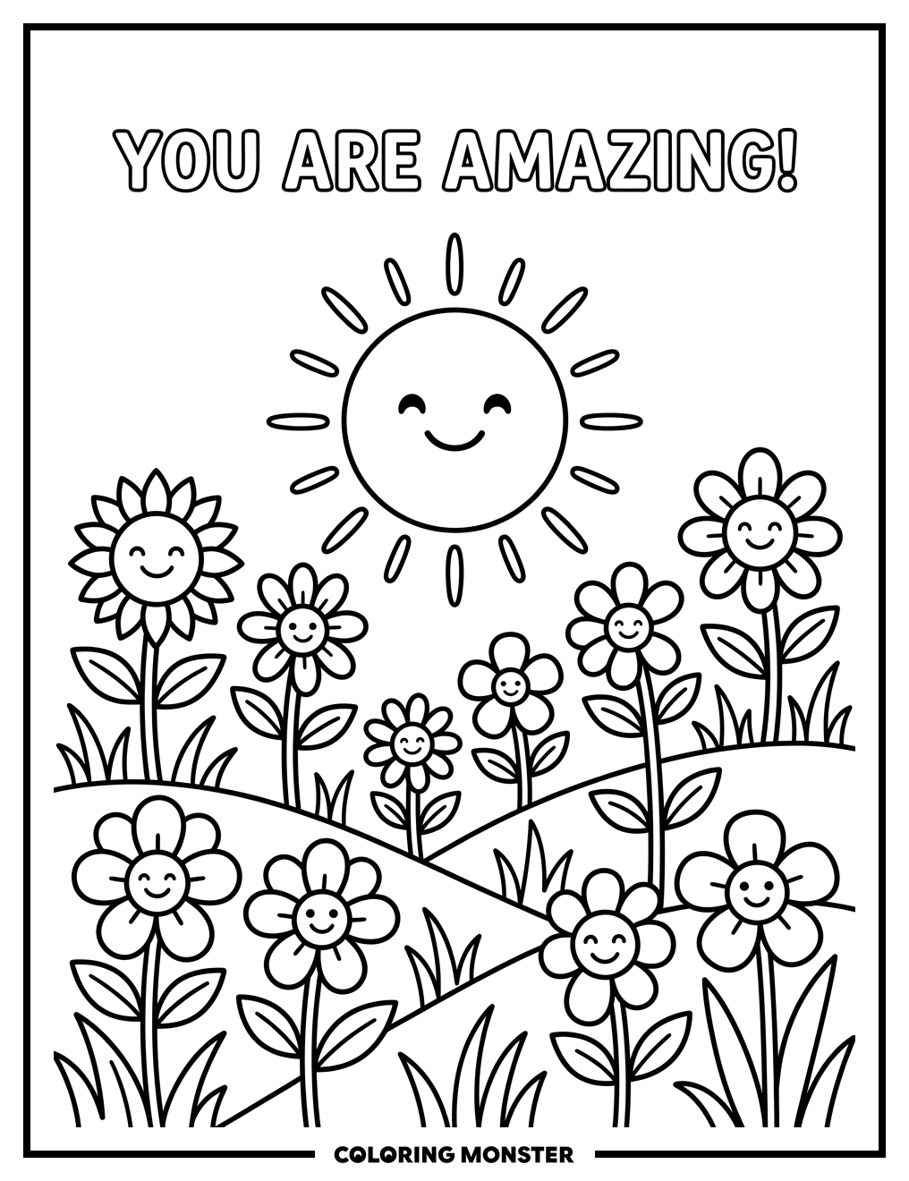 Smiling Sun and Flowers Coloring Page