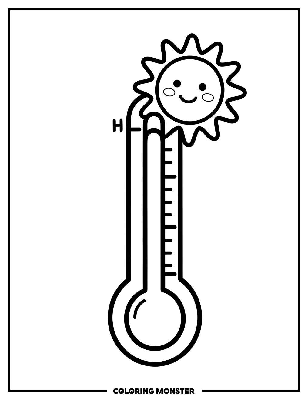 Smiling Sun And Hot Thermometer Coloring Page