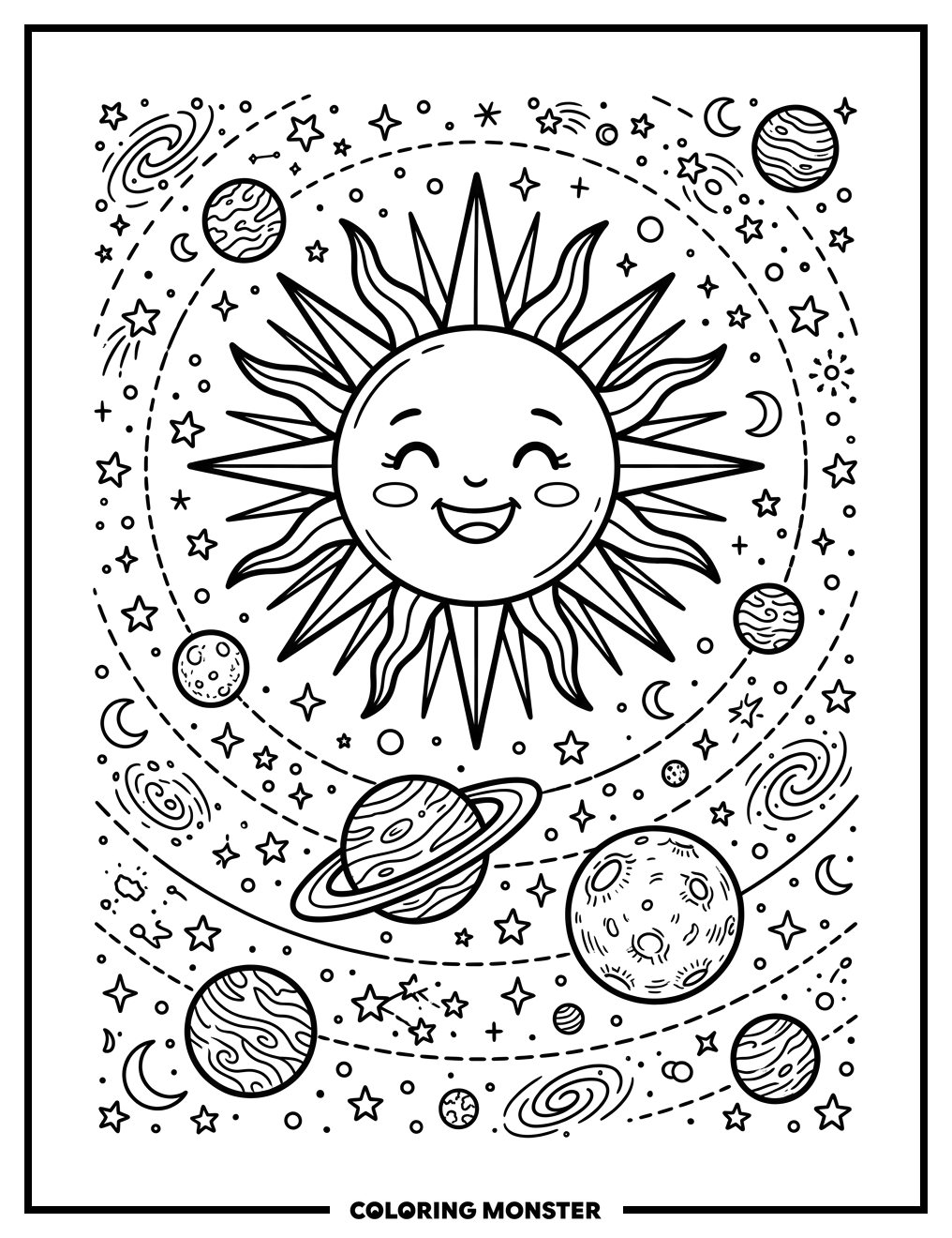 Smiling Sun and Planets Coloring Page