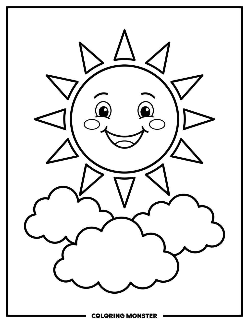 Smiling Sun and Puffy Clouds Coloring Page