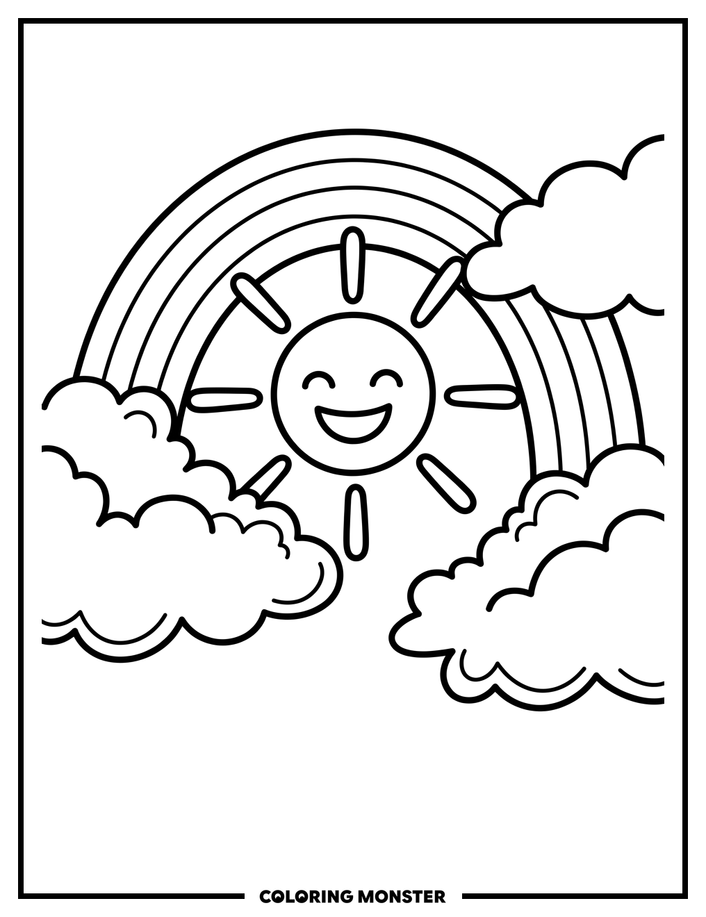 Smiling Sun and Rainbow Coloring Page