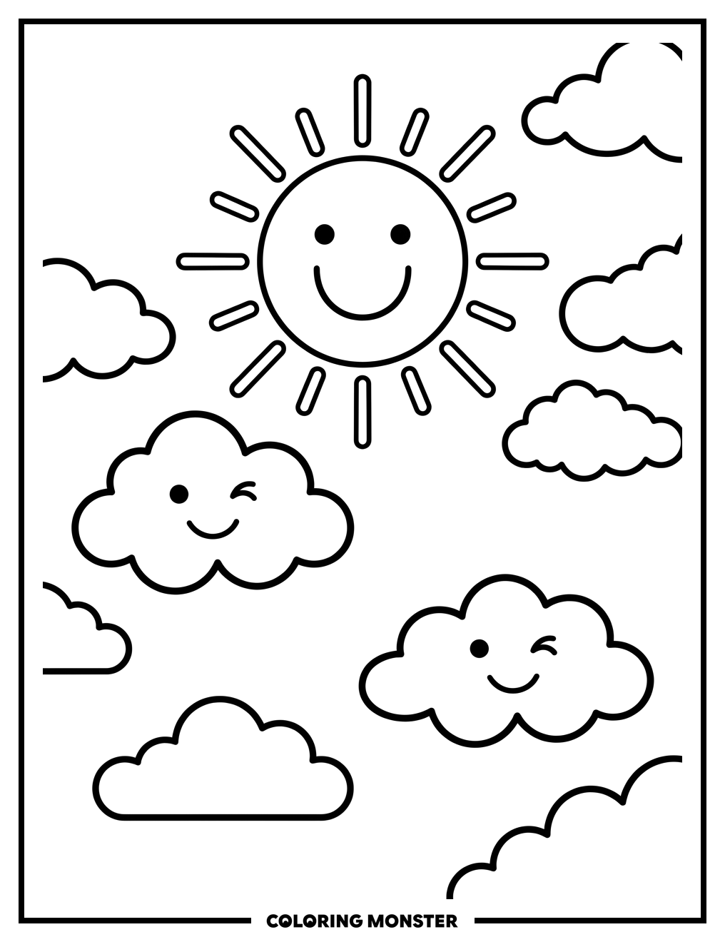 Smiling Sun and Winking Clouds Coloring Page