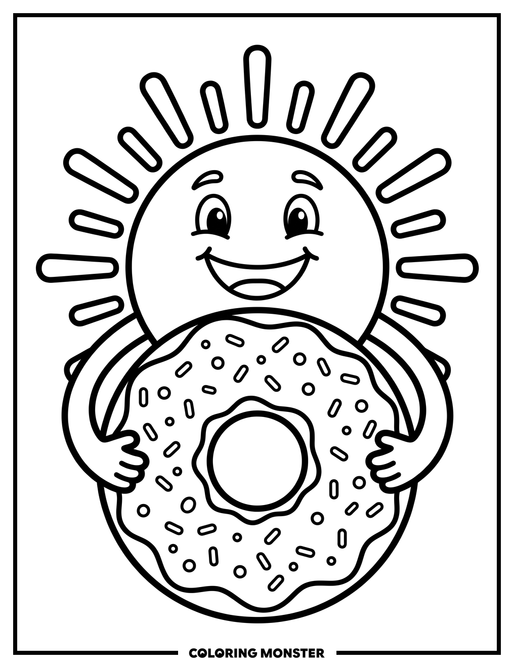 Smiling Sun Holding a Donut Coloring Page