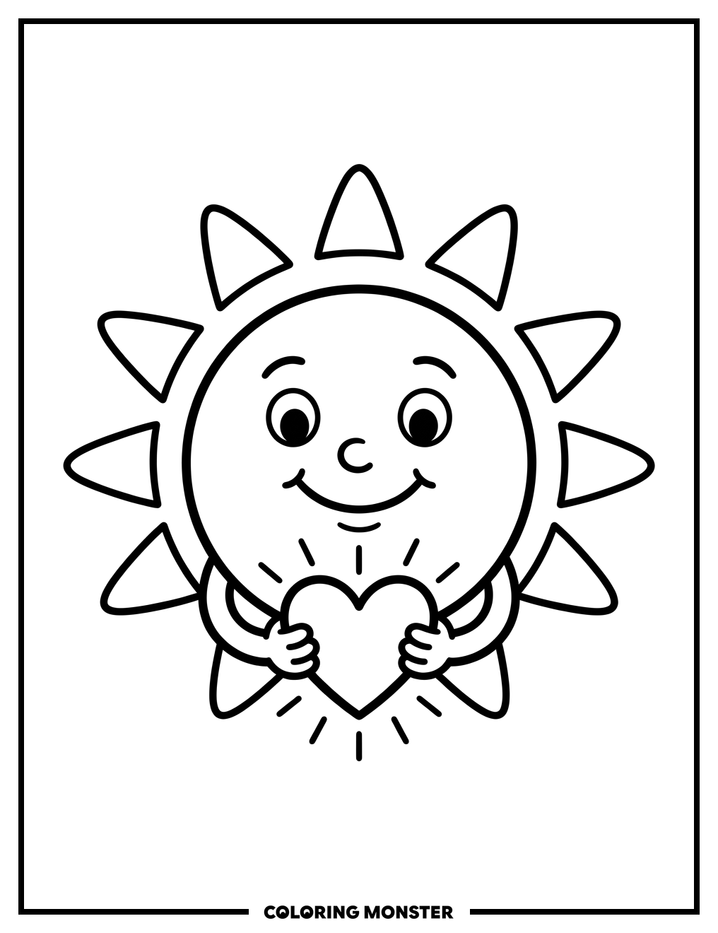 Smiling Sun Holding a Heart Coloring Page