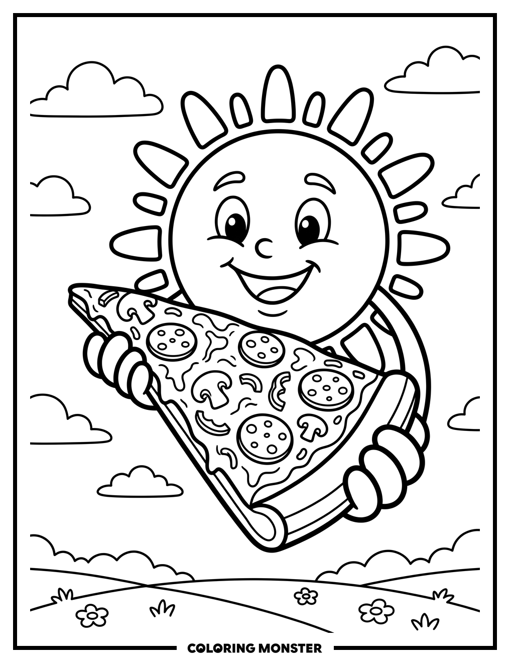 Smiling Sun Holding Pizza Slice Coloring Page