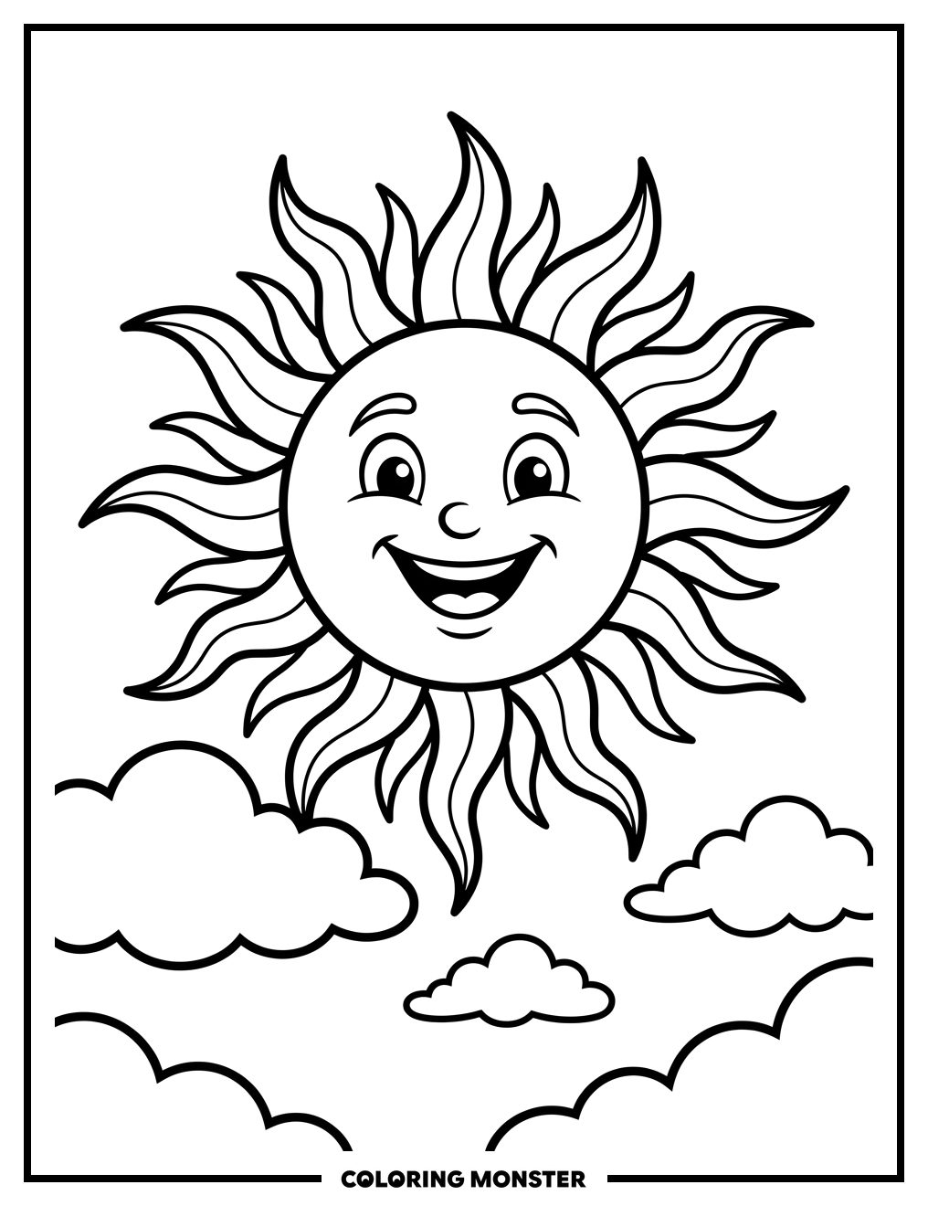 Smiling Sun in Blue Sky Coloring Page