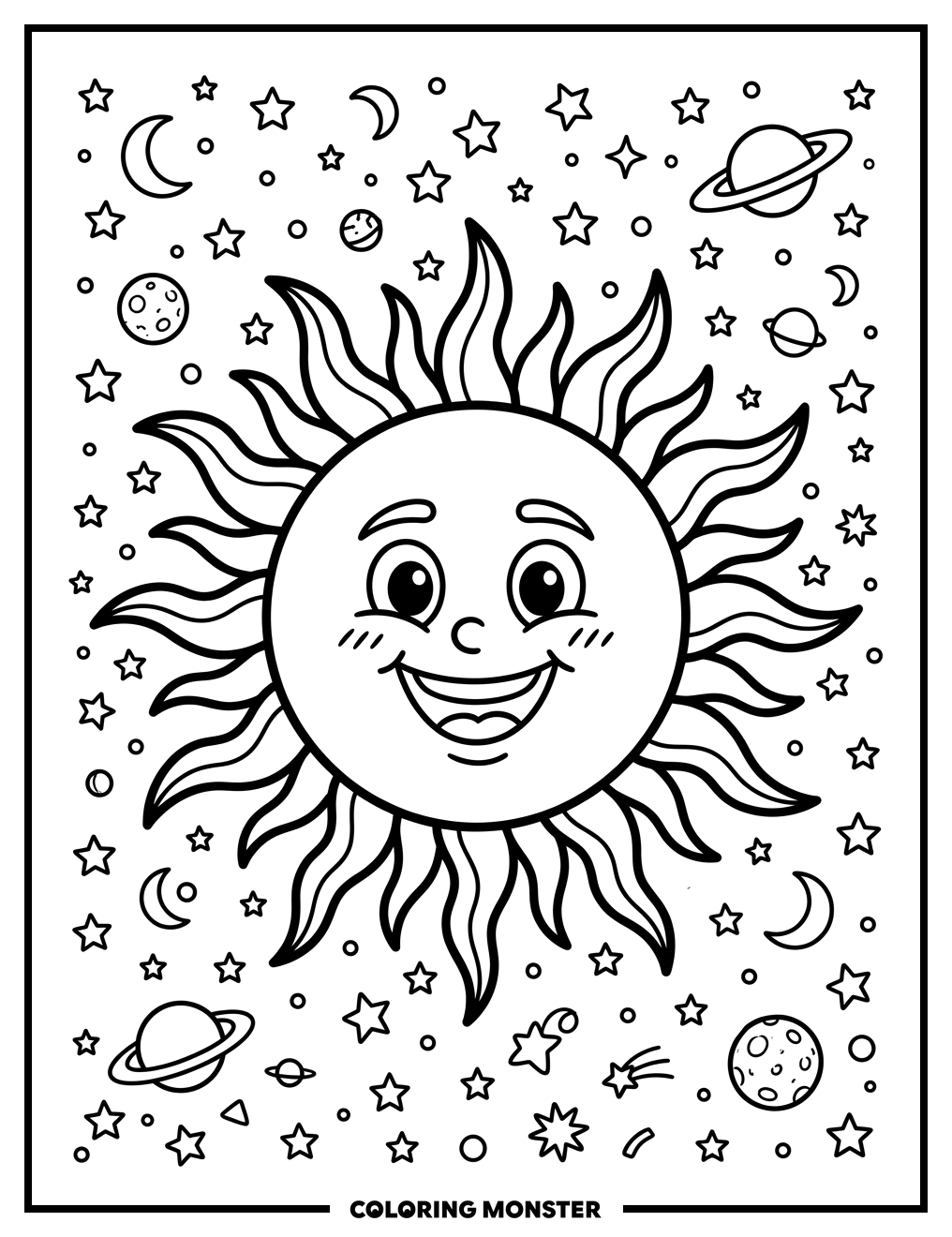 Smiling Sun in Space Coloring Page